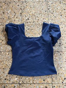 Tokyo Talkies Navy Blue Puff Sleeves Fitted Top