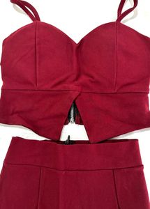 Stylish Maroon Two-Piece Outfit – Crop Top &amp; Skirt