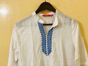 White Kurta With Blue Embroidery