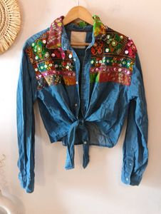 The Banjara Trail Denim Bandhni Mirror Work Shirt