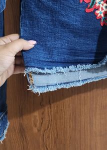 Dark Blue Denim Jacket With Floral Back