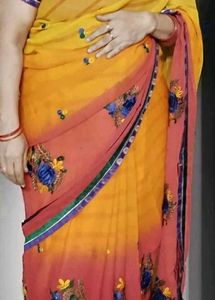 Elegant Yellow red &amp; Orange triple shade Saree