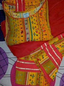 Rayon Kurta Plazo With Dupatta,Red And Yellow Mustard Mix Colour It&#39;s A Beautiful Design With Plazo .lace And Mirror Work In Kurta