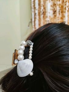 Hair Claw Clip, Real Sea Shells And White Pearls