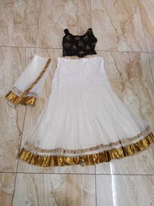 White Net Skirt, Dupatta And Black Crop Top
