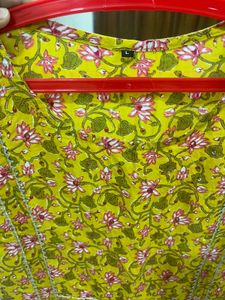 Bright Yellow Floral Block Print Kurta with Lace D