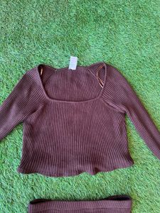 Coffee Brown Knitted Coord Skirt And Top