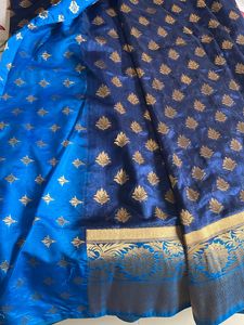 Silk Navy Blue With Sky Blu Border (no Blouse)