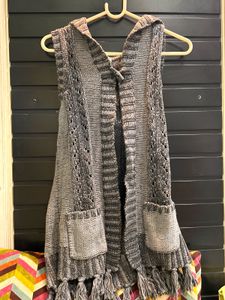 Hooded Knit Vest with Fringe