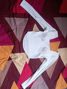 White Ribbed Knit Square Neck Long Sleeve Top
