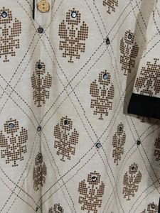 Cream And Brown Printed Collar Neck Kurti (Women)