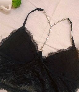 BLACK LACE BRALETTE WITH BEADED BACK