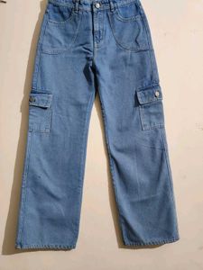 Blue Wide Leg Denim Cargo Jeans