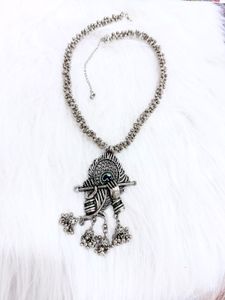 Krishna Feather &amp; Flute - Oxidised Necklace