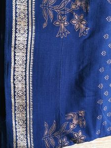 Elegant Blue &amp; Gold Print Cotton Saree