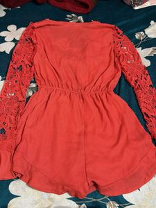 Coral Lace Sleeve Romper