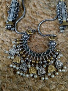 Silver Replica Long Pendant Set With Green Stones