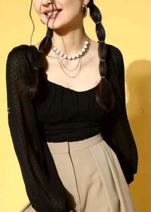Berrylush Women Solid Black Dobby Weave Top