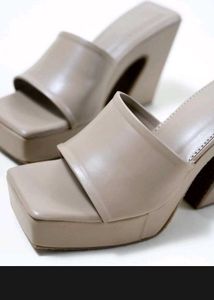 Beige Platform Heel Mules