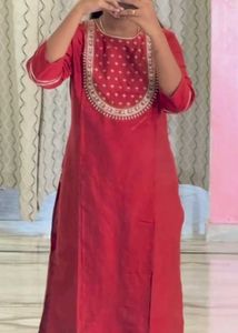 Red Embroidered Kurti with Floral Dupatta