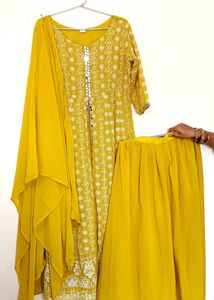 Yellow Festive Suit With Front Slit And Duppata
