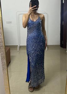 Backless Blue Sequins Strap Slit Midi Dress