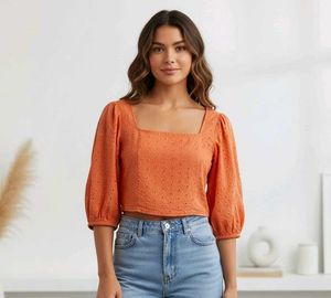 Dusk Orange Eyelet Square Neck Croptop/Blouse