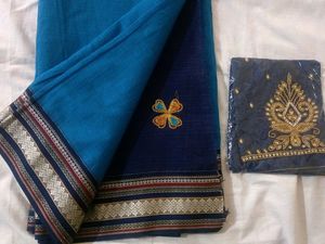 New SkyblueNavyBlu Great Combination HandloomSari