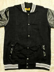 Varsity Bomber Jacket Black Faux Leather Sleeves