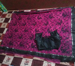 Pink &amp; Black Embellished Saree with Blouse