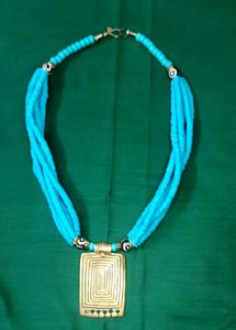 Blue Necklace With Gold Brass Pendant