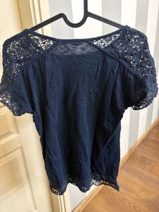 Marks and Spencer Crochet Neck Navy Blue Tshirt