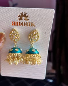 Beautiful Teal Blue &amp; Gold Enamelled Earrings