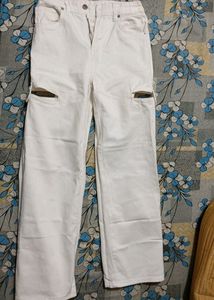 White Wide Leg Jeans With Cut