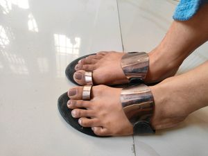 Metalic Grey And Black Flat Sandals