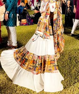 White & Multicolor Mirror Work Chaniya Chol