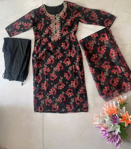 Floral Black Suit with Embroidered Neckline