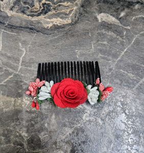 Floral Hair Comb Clip with Red Rose and Flowers