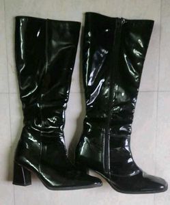 Black Patent Knee-High Block Heel Boots – Size 36