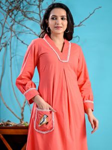 Peach Cotton Kurta Set w/ Embroidery