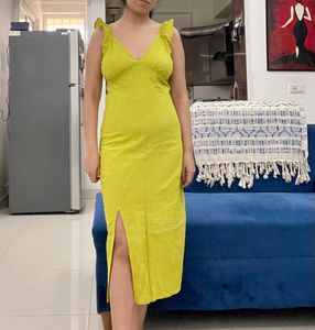 Like Green Checkered Slit sleeveless Midi Dress