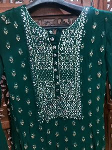 Beautiful Bottle Green Mirror Work  Suit With Umbrella Plazo And Dupatta