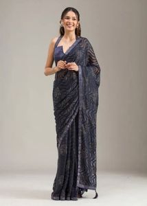 Koskii Navy Blue Floral Stonework Chiffon Saree