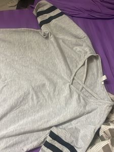 Gray V-Neck Striped Sleeve Top