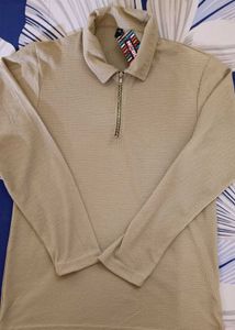 Beige Color Polo neck Patterned Tshirt With Zipper