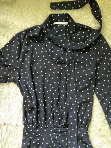 Navy Polka Dot Tie-Neck Midi Dress