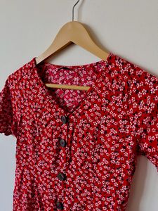 Red Flared Mini Dress - Floral Design