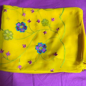 New Yellow Soft Silk Thread Work Saree For Haldi