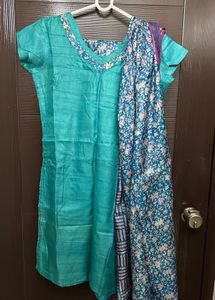 Teal &amp; Blue Floral Tussar Silk Kurti Set