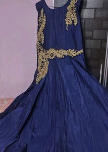 Elegant Navy Blue Dress with Gold Embroidery